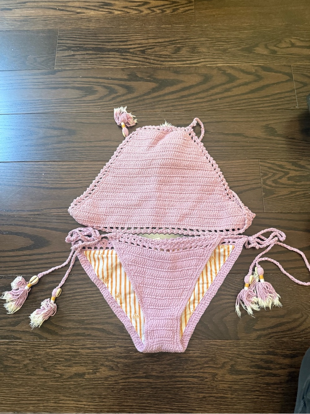 SheMadeMe Crochet lilac Bikini Set with Tassels size S